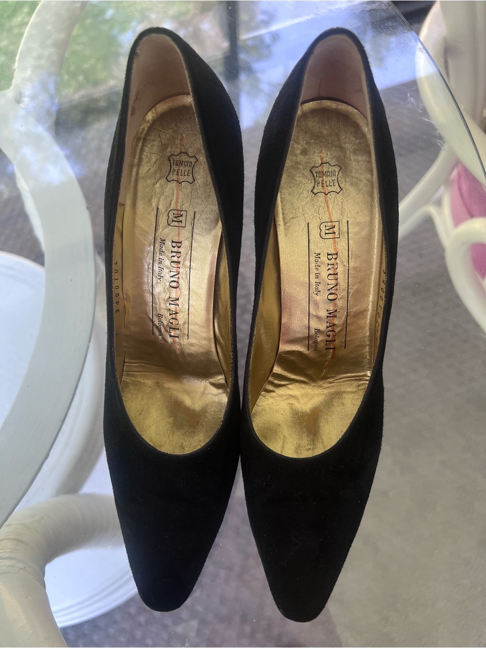Bruno Magli Black Suede Pointed Pumps with Gold Lining
